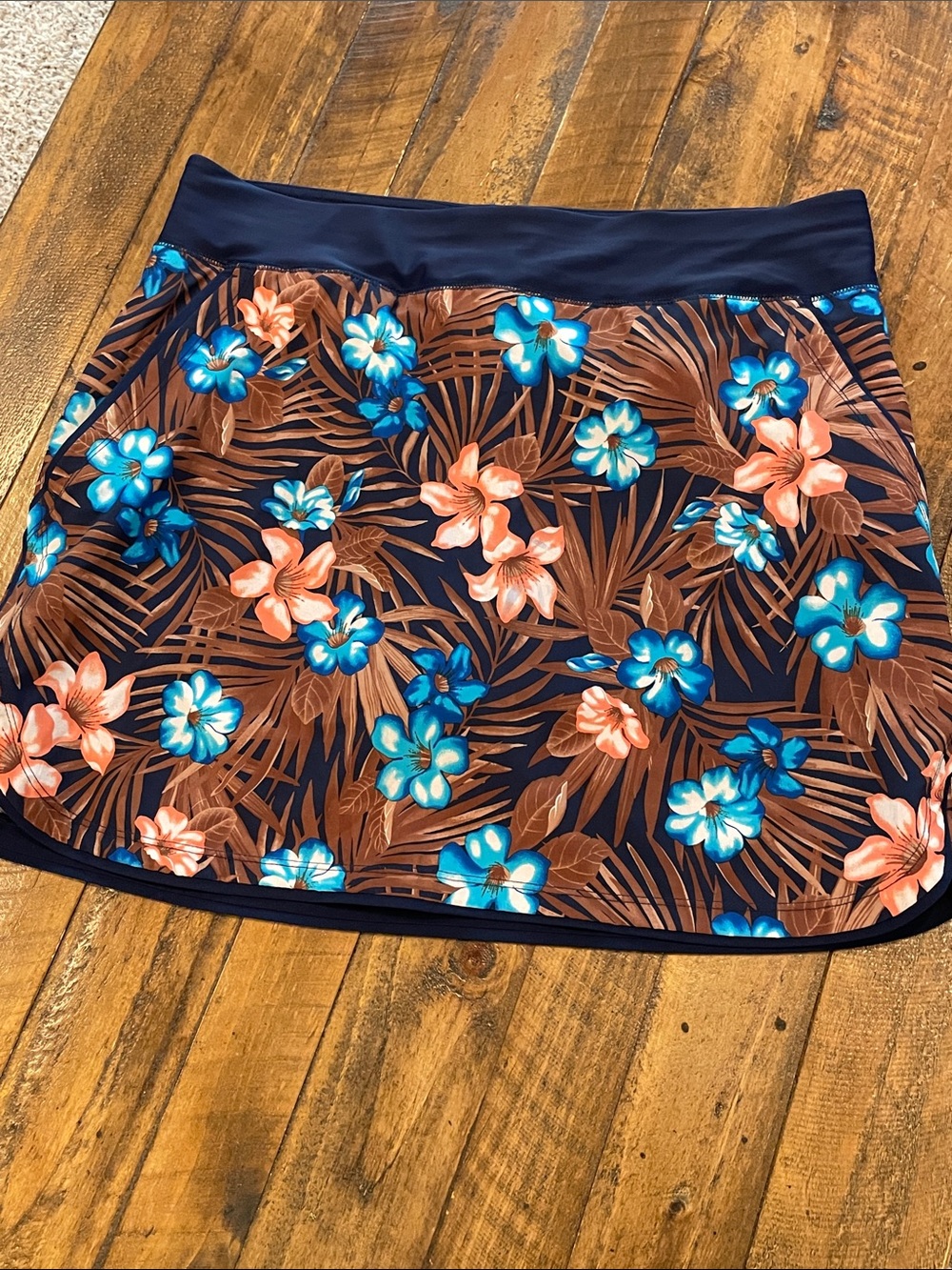 Lands' End Navy Swim Skort with Blue and Coral Floral Print D51